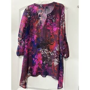 Chaus Pintuck Blouse Womens Small Flash Pink Purple Floral Sheer Tunic Top‎ NWT